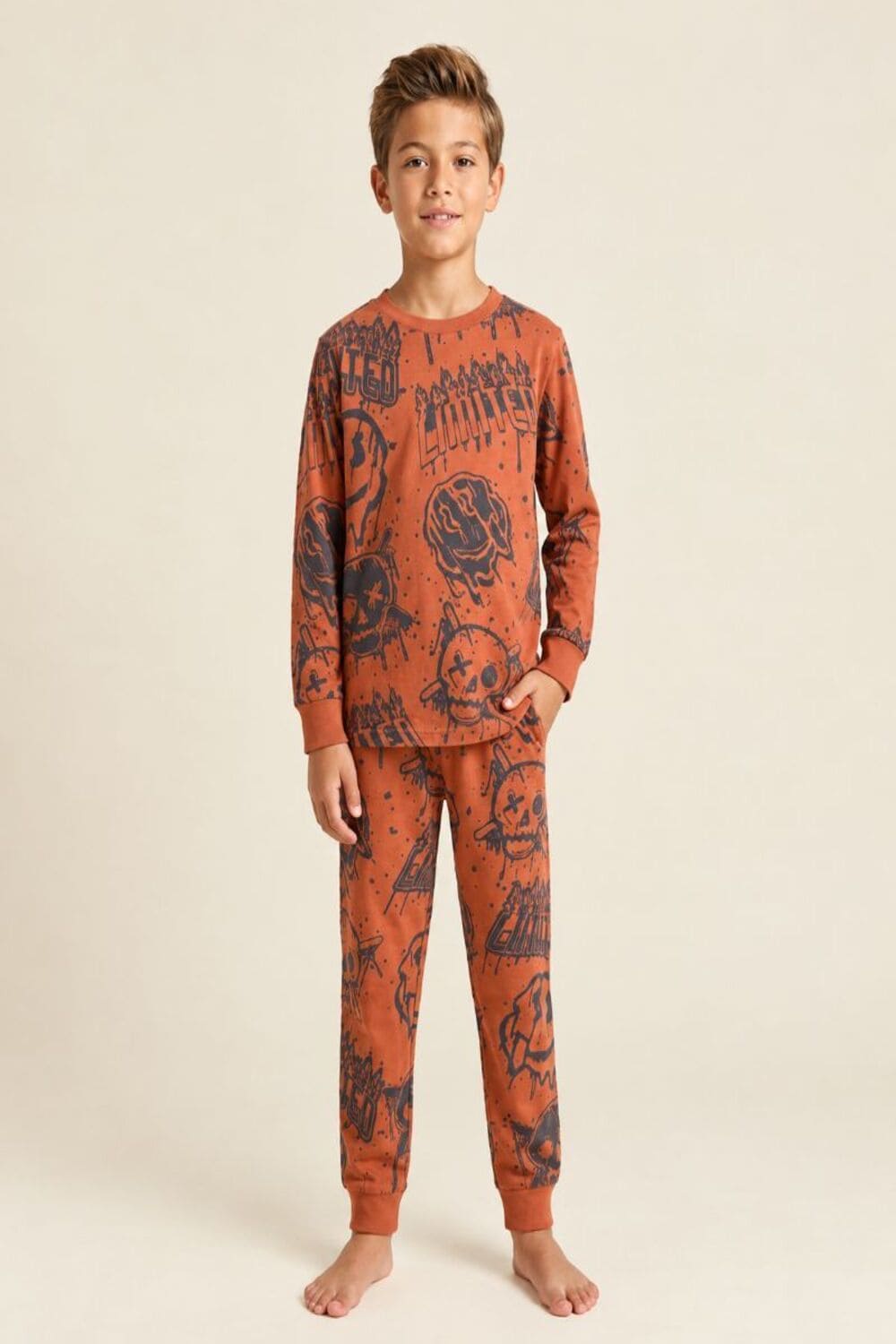 Orange Graffiti Skull Long Sleeve Pyjamas